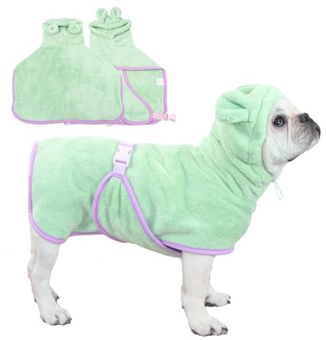 Fnaobai Pet Bathrobe for Dog Cat Absorbently Quick Drying Coat Cute Dogs Bath Towel Hooded Robe Adjustable Collar & Belly Strap for Pool Beach (Green, X-Small)