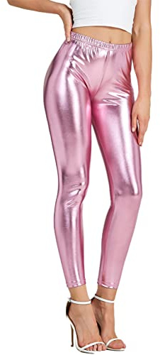 NewL Legging de Sport métallique Brillant pour Femme - Pantalon Crayon Lumineux - Pantalon de Fitness Tendance - Pantalon de Couleur Bonbon, Rose, XXL