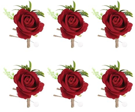 sourcing map 6PCS Men Boutonnieres Corsages, Bright Red Rose Groomsmen Corsage Wristlet with Pins for Wedding Ceremony Anniversary, Dinner Party