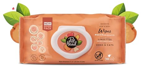 Pet Head Quick Fix Paw and Body Wipes for Cats and Dogs | Peach Scent with Aloe Vera | Biodegradable Pet Hygiene Cleaning Wipes | pH-Neutral | Vegan | For an Easy & Speedy Freshen-Up | 100 pack