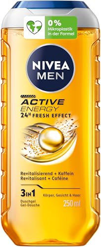 NIVEA MEN Active Energy Duschgel, pH-hautneutrale Pflegedusche mit 24h Frischeeffekt für Männer, revitalisierende Formel mit Koffein für Körper, Gesicht und Haar (250 ml)
