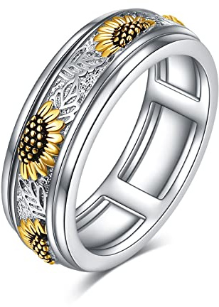 Girasoli Fiore Ansia Spinner Anelli in Argento Sterling Girasoli Rotabili Anelli Umore Antistress Regalo per le donne Taglia 9,5