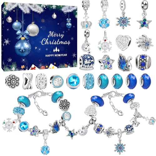 Adventskalender 2025 für Mädchen - 24 Füllung Adventskalender Schmuck - Armbänder Halsketten Kreativset Weihnachten - Geschenk für Kinder Mädchen (blau)