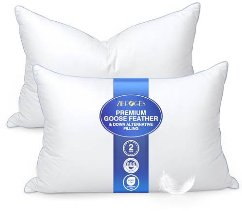 zibroges Feather Pillows Queen Size Set of 2 - Goose Down Hotel Bed Pillow for Sleeping, Soft 600 Thread Count Cotton Cover, Fluffy Support Surround Fill Polyester for Side, Back, Stomach Sleepers