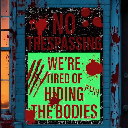 Decoracion Halloween Exterior Puerta Jardin Casa Terror - 30 cm x 20 cm Señal Metálica de Prohibición de Entrada que Brilla por la Noche Se Aplica a Decoración Adornos Fantasma Interior Pancarta