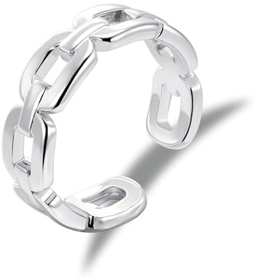 ALEXCRAFT Anillo de Plata Ajustable Mujer, Cadena Ovalada Chapada en Plata 925 Finos Lisos, Anillo Abierto Impermeable Midi, Anillos de Pareja Regalo Joyas para Compromiso Matrimonio