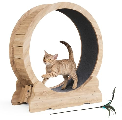 Cat Exercise Wheel, Cat Running Wheel with Smooth and Quiet Roller, Detachable Carpet and Toy Teaser for Fun Fitness Training Treadmill,Natural Wood