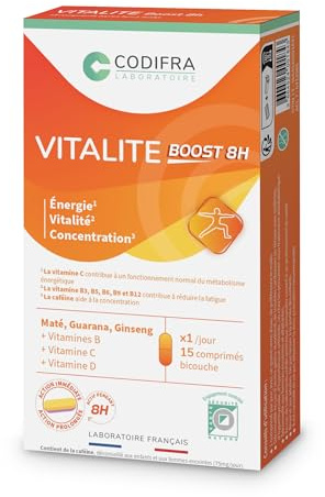 Codifra - Vitalite Boost 8h, Complément Alimentaire Fatigue, Tonus et Vitalité - Boost Naturel - Maté, Guarana, Ginseng, Magnésium, Caféine Naturelle, Vitamines - Fabrication Française - 15 Comprimés