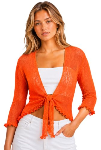 janisramone® Women s Shrugs, Double Fine Knit 3/4 Sleeve Tie Front Top, Bolero Cardigans for Women, Stretchy Cropped Cardigan, Lightweight Summer Shrug, Ladies Evening Tops