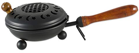 NKLaus Räucherpfanne Metall schwarz Ø 12cm mit Holzgriff Deckel Weihrauchbrenner 2212