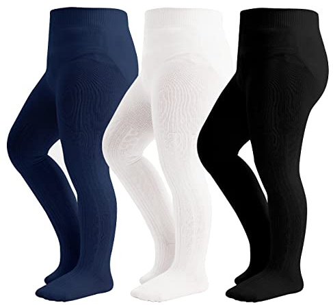 hakugoo Baby Tights Toddler Cable Knit Leggings 3 Pack Cotton Seamless Stockings Pantyhose for Toddlers (Black+White+Navy, 2-4 Years)