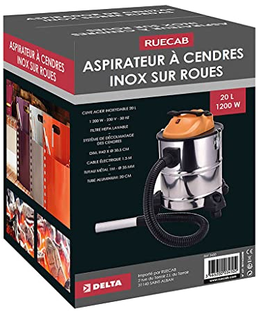 RUECAB Estufa de pellets, Aspirador de Ceniza Chimenea 20L/1200W 3450, Agua y Polvo, 20L/1200W-Anti obstrucción-Filtro Lavable-Tanque de Acero, Gris