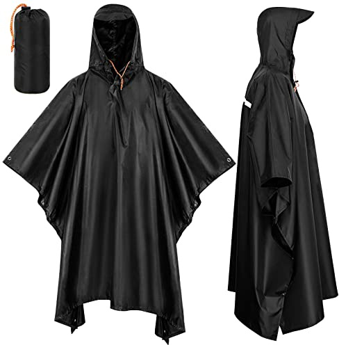 SOPPY Waterproof Rain Poncho, Lightweight Reusable Waterproof Raincoat with Carry Pouch, 3 in 1 Multifunctional Rain Cover for Cycling Hiking Camping Outdoor Activities - Black