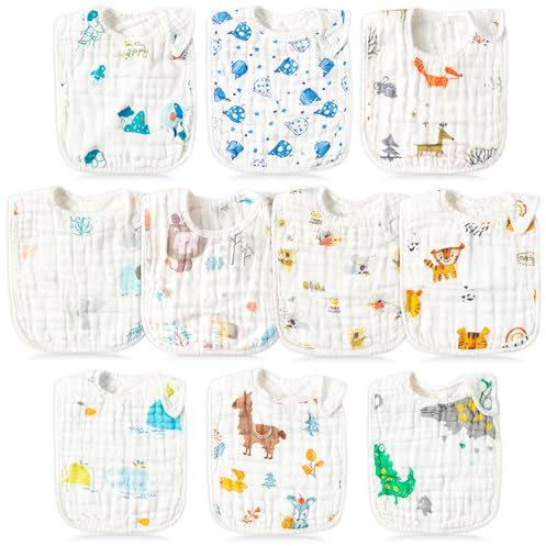 BUoonyer 10pcs Snap Muslin Cotton Bibs, Baby Bandanna Drool Bibs, Adjustable Soft Absorbent Cotton Scarf, Burp Cloths for Babies Infants Newborns Toddlers Feeding, Eating, Teething (Blue, Yellow)