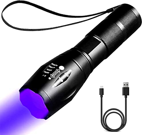 YZYOE Linterna UV recargable de luz negra, luz UV, linterna de luz negra, mini lámpara UV, manchas secas, chinches, a juego con eliminador de olores de mascotas, escorpión, linterna LED de 395 nm