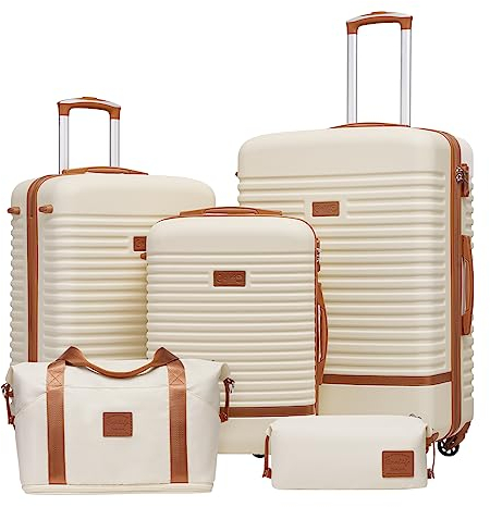 COOLIFE Koffer Trolley Koffer Reisekoffer von ABS Hartschalen Trolley 4 Rollen TSA-Schloss Der Koffer Enthält 1 Reisetasche und 1 Kulturbeutel (Weiß/Braun, Koffer-Set 5tlg)