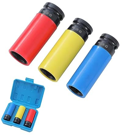 TOPWAY 1/2 Inch Drive Wheel Protector Impact Deep Socket Set 17mm 19mm 21mm 3PCs Thin Wall Multicolour Metric Lug Nut Sockets, Chrome Vanadium Steel, Auto Repairing Garage Tool