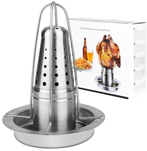 SWAWIS 1 Stück Hähnchengriller aus 430 Edelstahl, 18 * 23cm Hähnchenbräter Grill, Hähnchen Ständer mit Bierdose, Hähnchenhalter mit Aromabehälter, Geflügelbräter Für Grillabende, Spülmaschinenfest