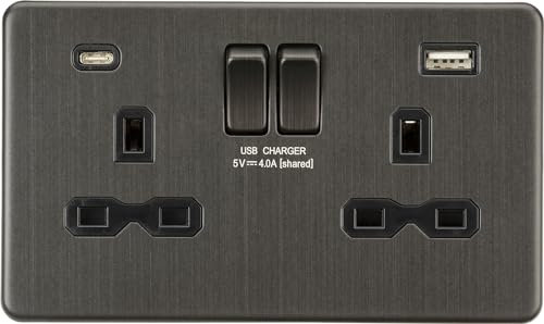 13A 2G SP Switched Socket with Dual USB A+C (5V DC 4.0A shared) - Smoked Bronze with Black Insert