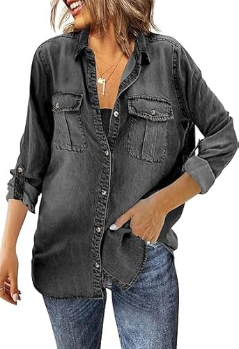 Saodimallsu Chemise en jean à manches longues pour femme - Chemise boutonnée - Décontractée - Coupe droite - Avec poches de poitrine, Noir , XL