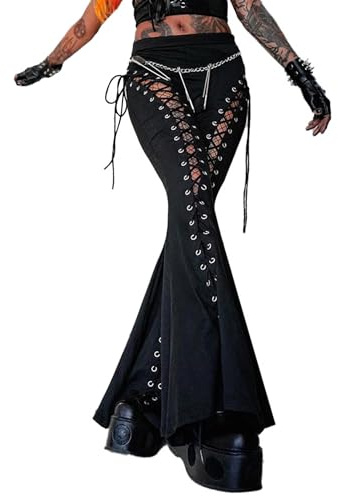 xxxiticat Women's Lace Up Pants High Waist Bandage Criss Cross Bandage Tie Up Cutout Gothic Flared Bell-Bottom Trousers(BL,M) Black