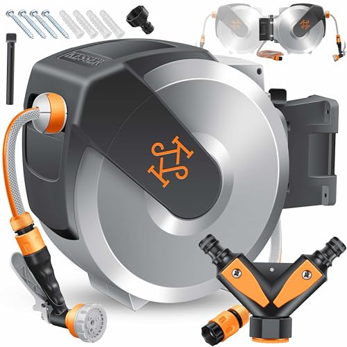 KESSER® Schlauchtrommel mit Gartenschlauch 15m | Wasserschlauchtrommel zur Wandmontage | Wandhalterung | 180° schwenkbar & automatische Aufrollung | Wand-Schlauchbox inkl. 7-Funktionen Handbrause