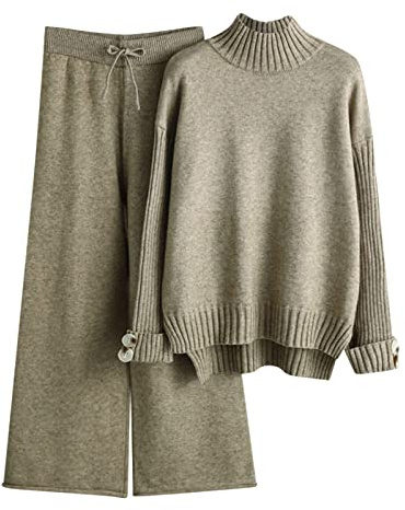 Tuta Maglia Donna Completo Elegante Set Tute in Maglia Due Pezzi Set Coordinato Tuta Casual Lavorati Maglione a Maniche Lunghe Pullover Top e Pantaloni a Gamba Larga Completi (Khaki, One Size)