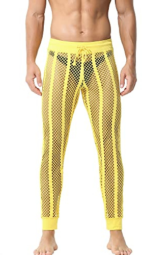 QiaTi Men's Fishnet Pants Mesh See Through Muscle Leggings Stretchy Drawstring Long Pants