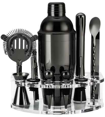 Set Shaker Cocktail con Supporto, Kit Cocktail in Acciaio INOX con 12 pezzi di accessori da bar, 750ML Dosatore Cocktail Set per Home Bar Party Wedding, Kit Barman Regali per Papà uomini (Nero)