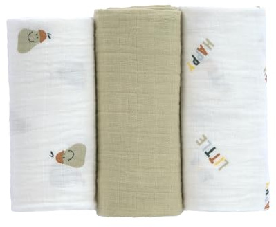 LÄSSIG Puck manta de bebé pañales muselina set de 3 piezas algodón 60 x 60 cm/Swaddle & Burp Blanket M Happy Fruits Pear