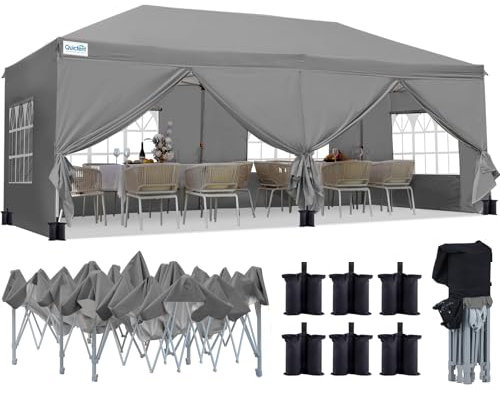 Quictent Faltpavillon 3x6m mit 6 Seitenwänden, Pop up Gartenpavillon mit Rollentasche, Pavillon Partyzelt 3x6 wasserdicht stabil, für Party im Freien, Hochzeiten, Fest, UV 50+, Grau