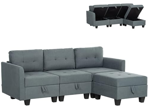 HOMCOM Convertible Modular Sectional Sofa with Storage, Tufted 3 Seater Sofa Set, L Shaped Couch with Ottoman, Wood Frame for Living Room, Dark Grey