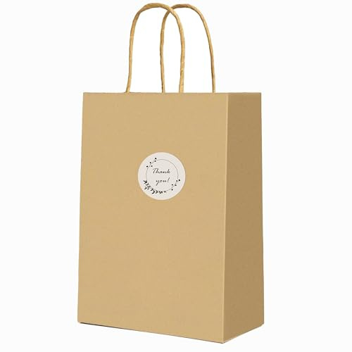Pack 60 Bolsas medianas papel kraft y 72stickers de 30x22x10cm, bolsas con pegatinas, con asas, bolsas para negocios, bolsa regalo, cumpleaños, bolsa comunión y bodas (Marrón Mediana 120gr)