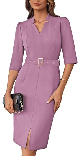 GRACE KARIN Women's 3/4 Sleeves Slim Fit Pencil Dresses Summer Solid Color Black Dress with Belt Light Purple XXL