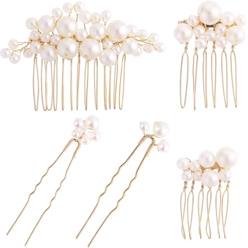 5PCS Pearl Hair Pins Gold Wedding Hair Pins Accessories Set, Bridal Prom Hair Combs and Pins with Pearls, Gold Wedding Bridal Hair Combs Pearl Jewelry Accessories for Weddings, Proms