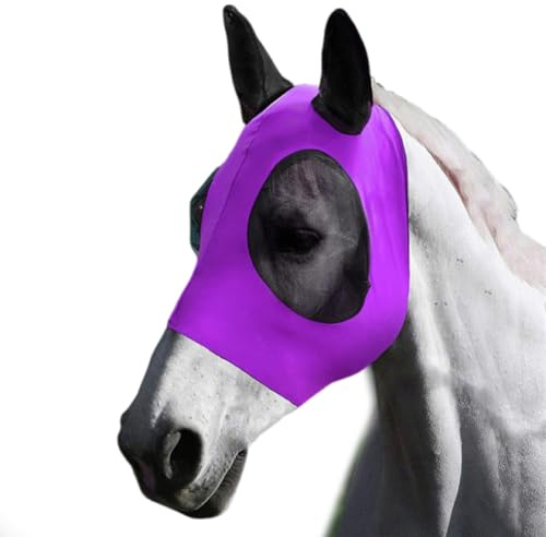 Máscara antimoscas para Caballos, Amplia Abertura para los Ojos y Orejas, súper cómoda, elástica y con protección UV para Caballos, Color Morado