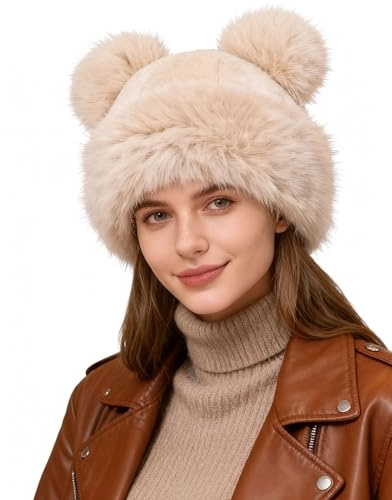 Ufgin Women's Winter Faux Fur Hat - Warm Furry Beanie with Pom Pom Fisherman Cap Casual Trendy Mongolian Hat Sports Skiing Cap(Beige)