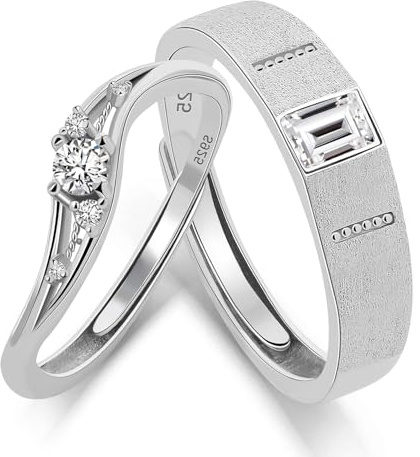 Meissa Anillos de Compromiso de Plata 925 Pareja Alianzas Ajustables Mujer 3.5mm & Hombre 4.6mm Joyas de Pareja para Boda Aniversario San Valentín Regalo para Ella y Él, Juego de dos anillos
