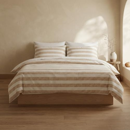 Juego Funda nórdica Cama 135/140 100% algodón - 2 Fundas Almohada 45x75 cm, Estampado líneas Beige