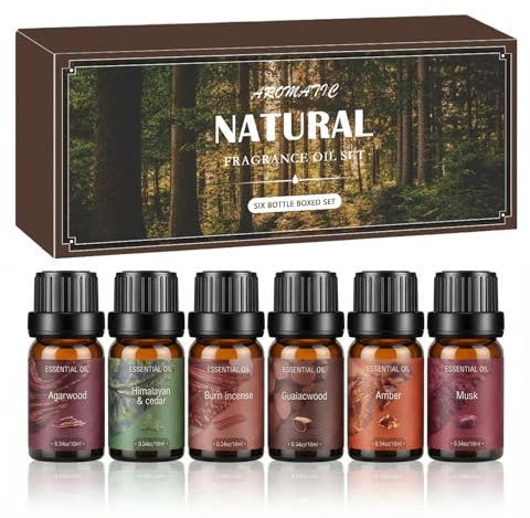 6 x 10ML Set Huiles Essentielles Boisées, Huile Essentielle pour Diffuseur, Huile de Parfum D'aromathérapie, huile Essentielle Cedre, Bois D'agar, Ambre, Encens, Musc, Bois de Gaïac