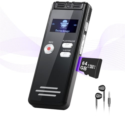 NekSide Enregistreur Vocal avec Lecture 64 Go – 1536 Kpbs – Appareil d'enregistrement Audio One Touch avec réduction du Bruit pour interviews/Classes/réunions