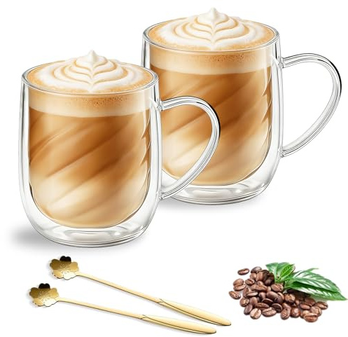 Chingcoo Set med 2 latte macchiato-glas med dubbel vägg – 350 ml – Med handtag och skedar i borosilikatglas – Glas med dubbel vägg – För cappuccino, te, espresso, mjölk