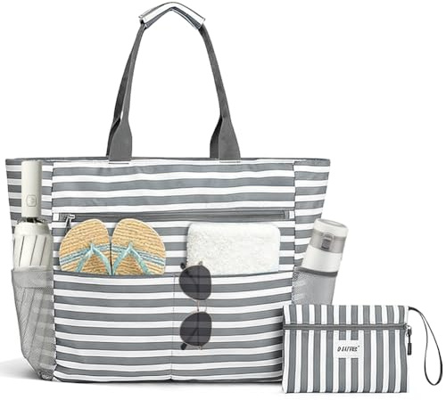 Zinueen Bolso Playa XXL Grande Familiar para Mujer, Bolsa de Playa Impermeable con Cremallera,50 x 35 x 20 cm， Plegable con 12 Bolsillos para Playa, Piscina y Picnic