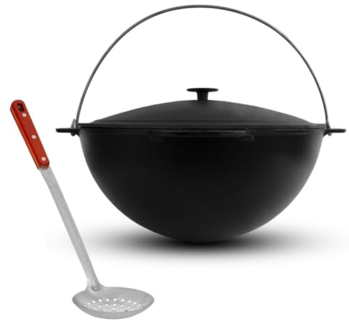 4BIG.fun Schwenktopf Kazan 12 L Camping Gusseisen mit Bügel und Deckel + Schaumkelle Bräter Tatarskij Plow BBQ Grillen Kohle Kessel Außenküche Feldküche Zelten Gulasch