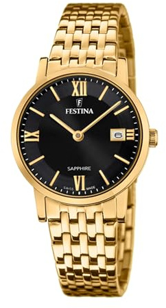 Festina Swiss Made Damen Armbanduhr Edelstahl 316L Gold - Quarzwerk - Saphirglas - Wasserdicht bis 5 ATM - Kalender F20021/3 - Classic Steel