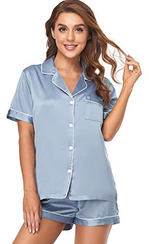Serenedelicacy Women's Satin Pajama Set 2-Piece Sleepwear Loungewear Button Down Short Sleeve Silky PJ Set (Medium, Dusty Blue)
