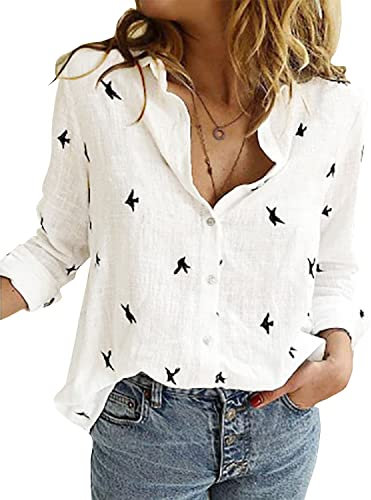 Livonmone Women's Blouse Casual Long Sleeve Shirts V Neck Button Down Basic Loose Tunic Tops (White, M)