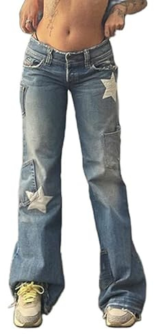 Pantalones de cintura baja Y2K para mujer con estampado gráfico de estrellas, de pierna ancha, jeans de mezclilla rectos, informales, holgados, estilo vintage E-Girl, azul, S
