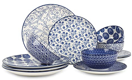 Selamica Ceramic Dinnerware Set, 12 Piece Plates and Bowls Set, Scratch Resistant Dish Set for 4, Dishwasher and Microwave Safe, Vintage Blue