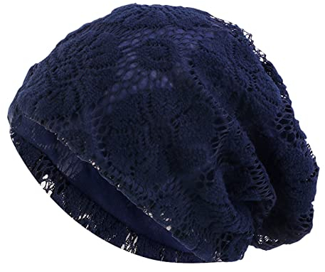 Chemo Mützen Damen Sommer Spitzen Beanie Kopftuch Super Weich Slouchy Turban Kopfbedeckungen Kop Wraps Beanie Mütze Kappe für Haarausfall, Kreb, Chemo Marine